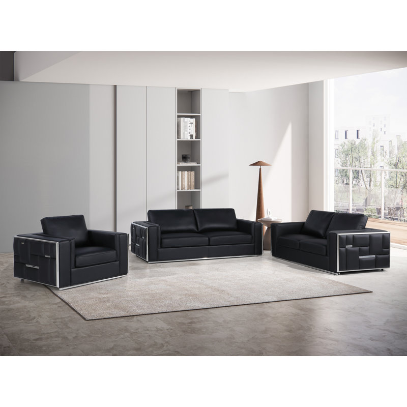 Ensemble de salon 3 pièces en cuir fleur italien, Cuir véritable noir