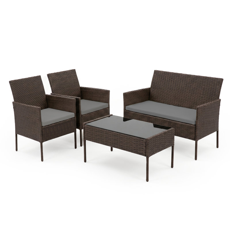 Ensemble de meubles de patio en rotin PE 4 pièces avec table basse en verre et coussins lavables, Gray, Brown