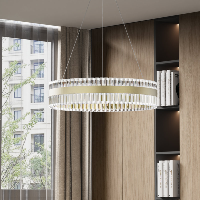 LED 24"W Brushed Gold Crystal Drum Shaded Modern Wagon Wheel Chandelier for Dining Room