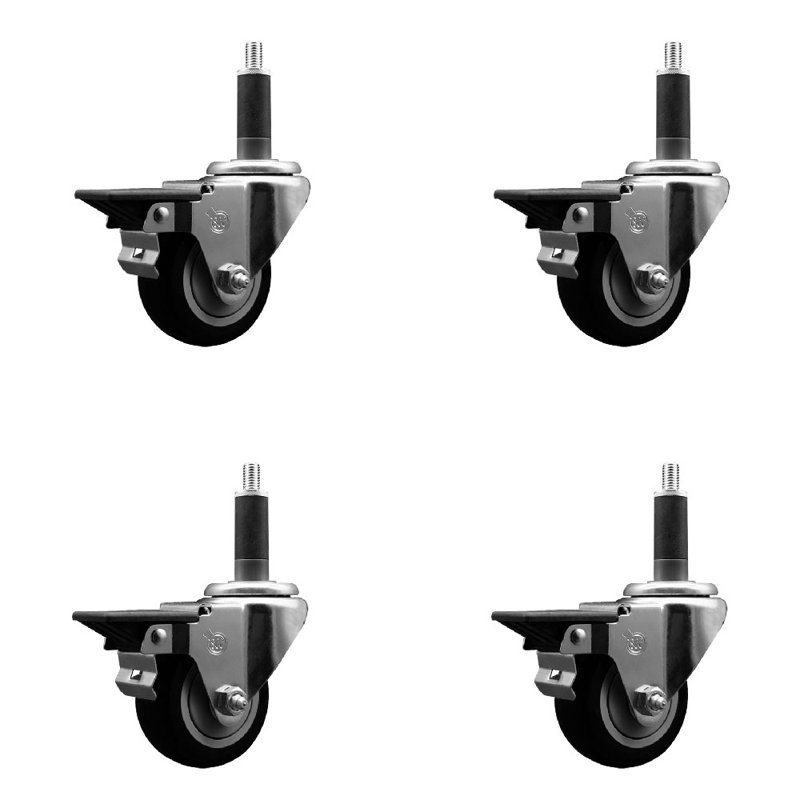 Ensemble de roulettes extensibles en poly pivotant avec frein SCC PLB 3 po x 1 po, Noir
