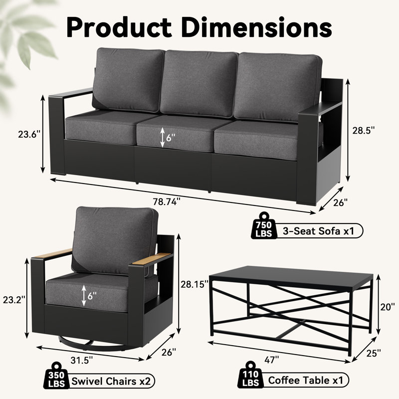 Ensemble de conversation de patio en aluminium 4 pièces avec accoudoirs d'aspect bois, chaises pivotantes et table basse en métal