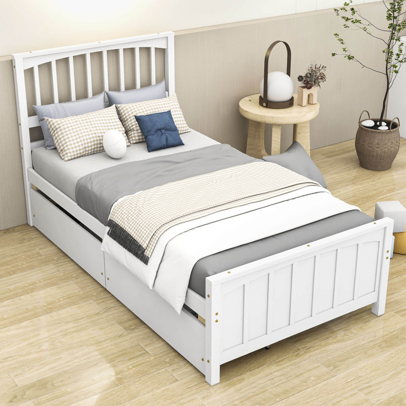 Lit plateforme simple à 2 tiroirs avec tête de lit, Blanc