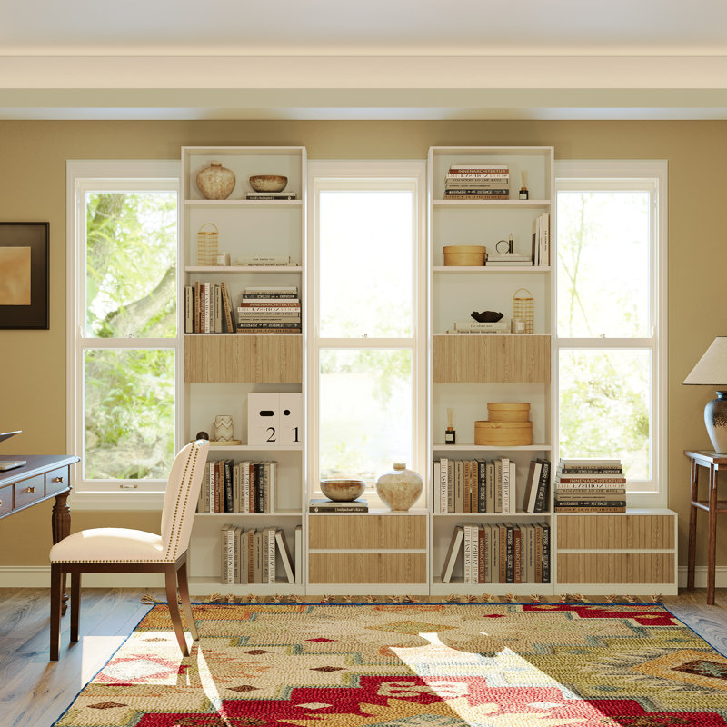 78.7" Tall Bookcase Set of 2 with Movable Footstool and Storage Drawers, White/Oak