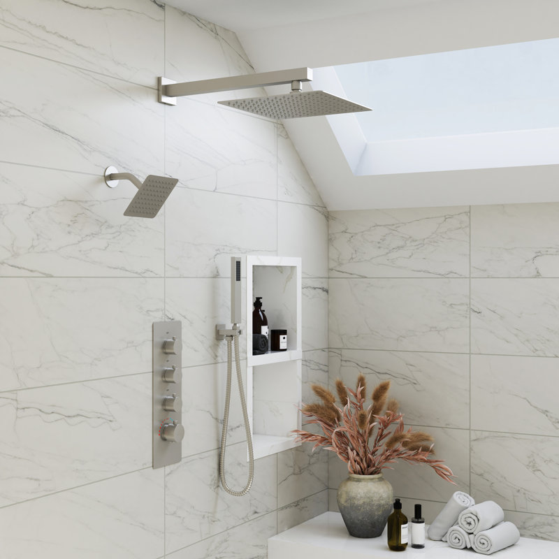 Regen Dual Shower Heads 3-Function Wall-Mounted Thermostatic Shower System With Handheld And Rough-In Valve, Brushed Nickel