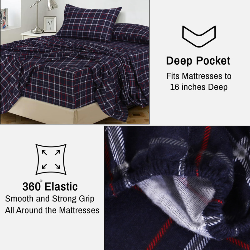 Yankees Blue Plaid Full Cotton Flannel Bed Sheet Set
