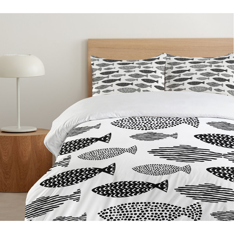 Black and White Fish Pattern Twin Duvet Cover Set