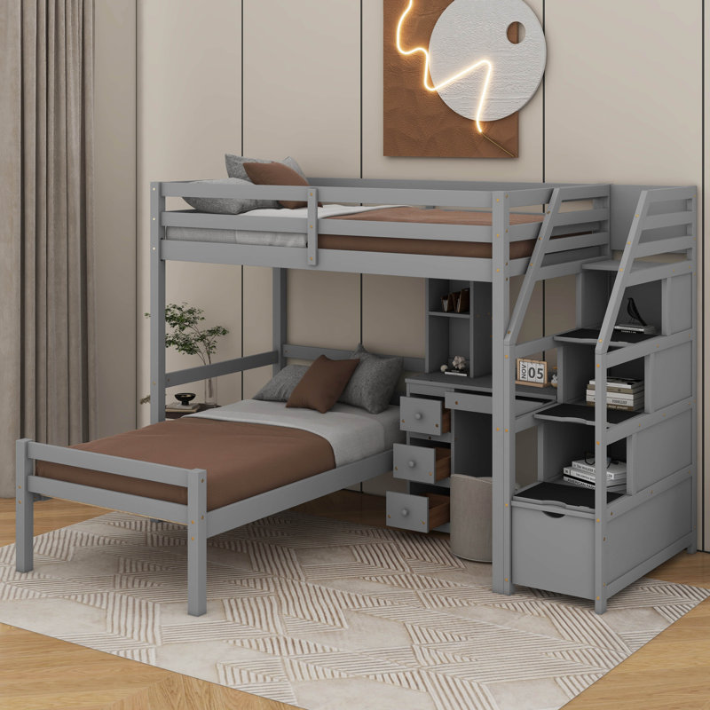 Twin Size Loft Bed With Desk, Shelves And Drawers, Gray