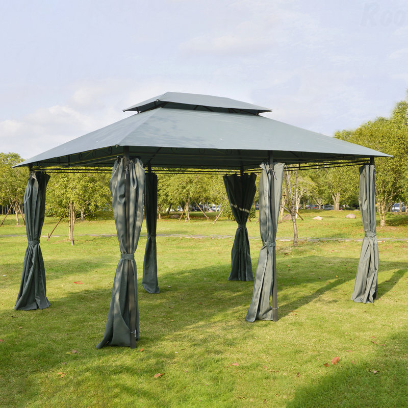 10X13FT Gazebo Steel, For Garden Use With Vented Roof & Curtains,, Gray