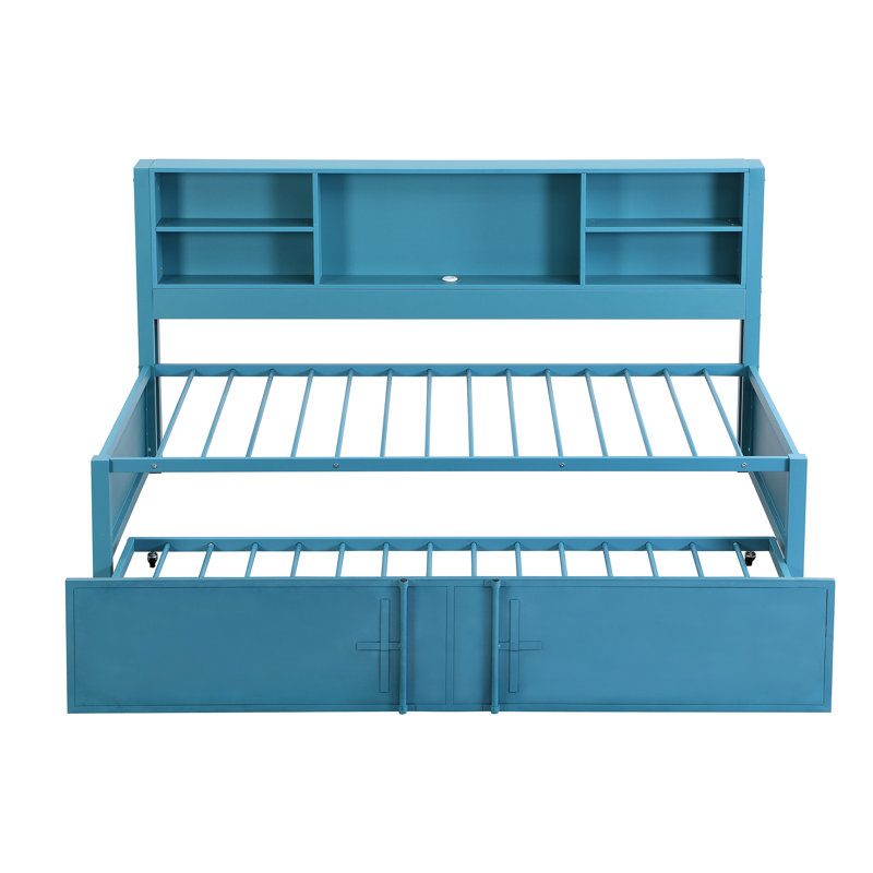 Lit de jour bleu en métal avec couchette, tablettes de rangement, rangement pour port