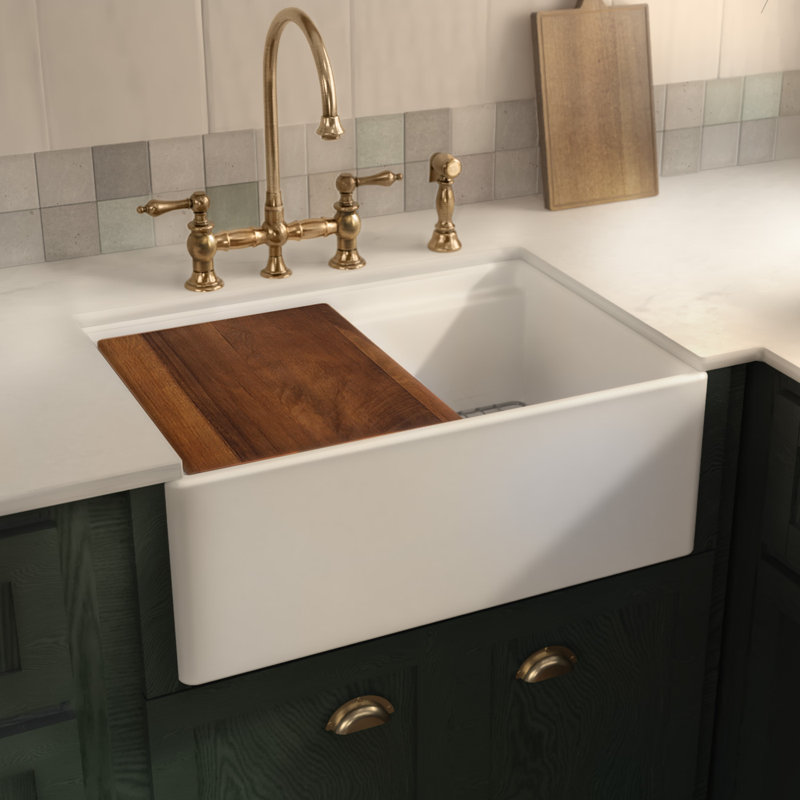 Whitehaus front apron single bowl fireclay kitchen sinks with walnut wood cutting board and stainless steel grid, 27"
