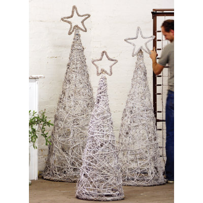 SET OF 3 WHITEWASH GIANT IRON TWIG TOPIARIES W STAR FINIALS