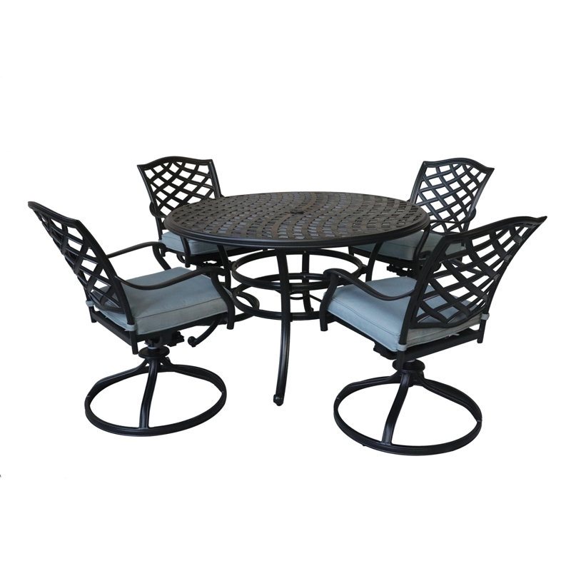 Ensemble de salle à manger 5 pièces en aluminium avec 4 chaises berçantes pivotantes en aluminium argenté, Bleu clair