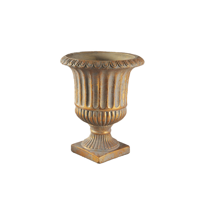  Antique Gold Ribbed Cement Urn Vase, European Style Decorative Flower Pot For Classic Or Rustic Home Décor, 10" Diameter & 12.3" Tall