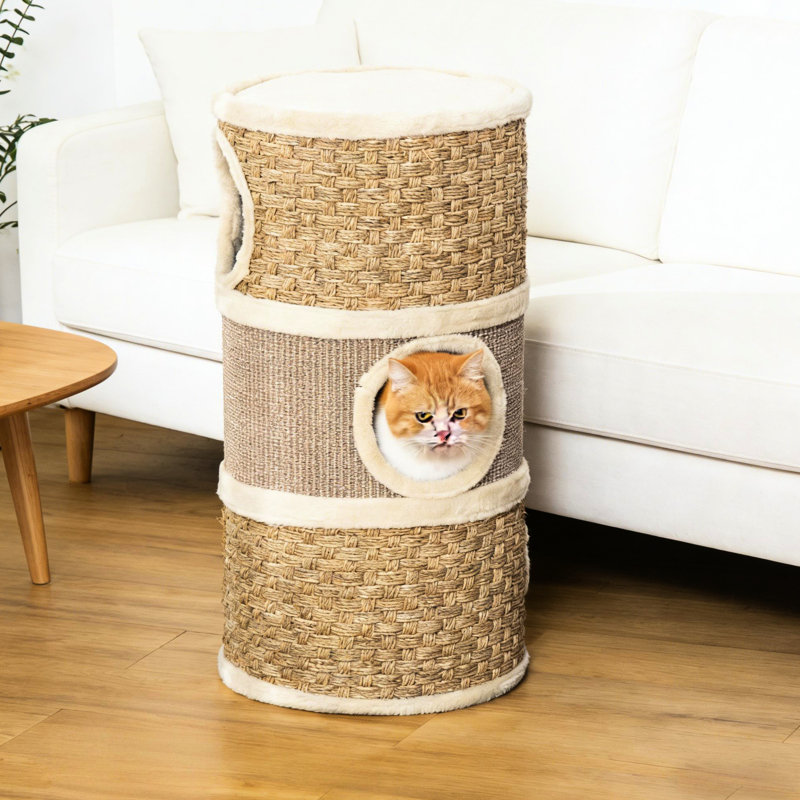 Cachette pour chat avec trois aires de repos, algues et patins à gratter, intérieur, base en panneau de particules, tour intérieure de 14,75 po de diamètre avec trou central ouvert, doux, panneau de particules pour animaux, porte de 6 po, 9 lb