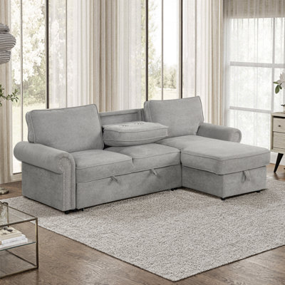 Canapé-lit convertible 95 po avec méridienne de rangement | Console à bras tombant et 2 porte-gobelets | Tissu facile à nettoyer sur structure en bois massif | Canapé modulaire de salon moderne, gris