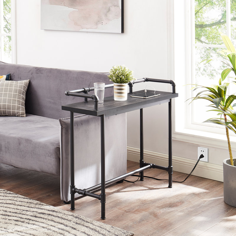 Modern Industrial Console Entryway Table with Power Outlets and USB Ports, Narrow Sofa Table with Metal Frame and Engineered Wood Top