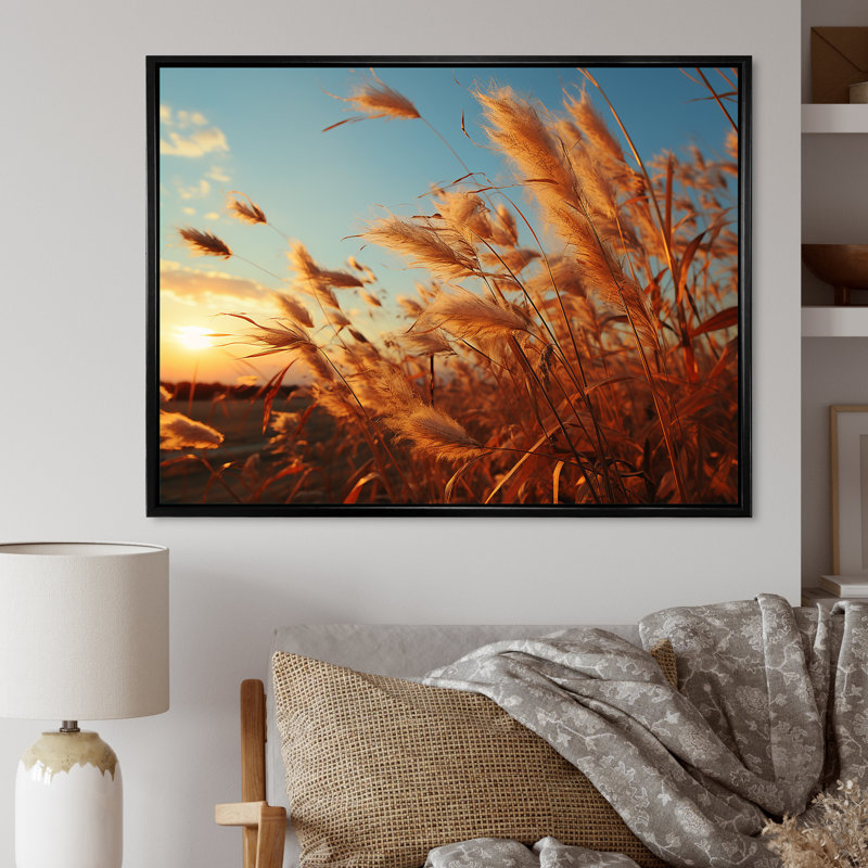 Golden Grass Field At Sunrise sur impression sur toile, Cadre flottant noir, H 24 po x l 32 po