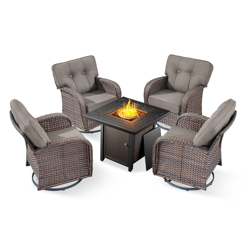 Fiorillo 4-Person Swivel Wicker Rattan Seating Group With Cushions And Square Metal Fire Pit Table, Gray