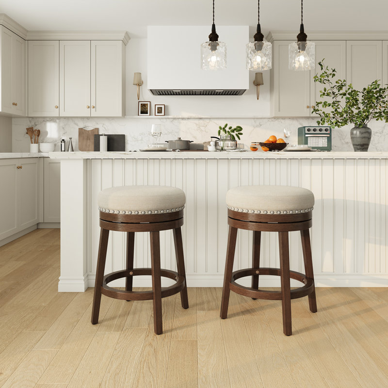 Upholstered Swivel Counter Bar Stool with Solid Wood Frame and Nailhead Trim, Counter Stool (25" Seat Height), Beige