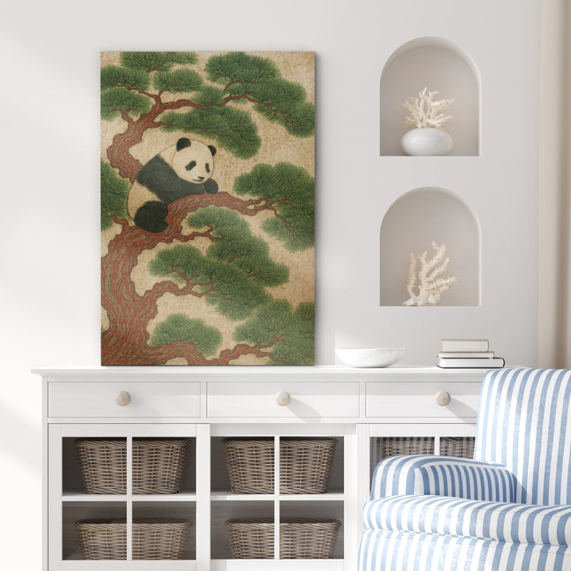 «Panda on Red Pine Tree Art», reproduction d'art sur toile encadrée, H 24 po x l 16 po x P 1,5 po, Toile tendue