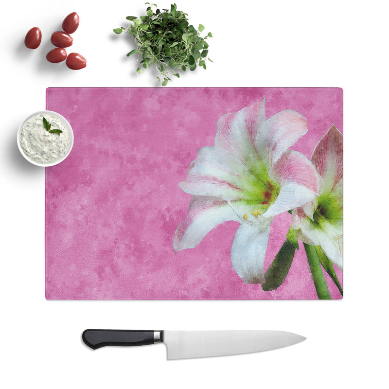 Tempered Glass Pink & White Amaryllis Flower Chopping Board, 28.5 cm x 39 cm