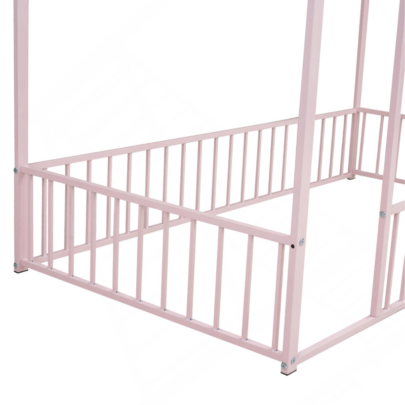 Structure de lit simple en métal avec clôture, pour adolescents, filles, garçons,, Lit simple, Rose