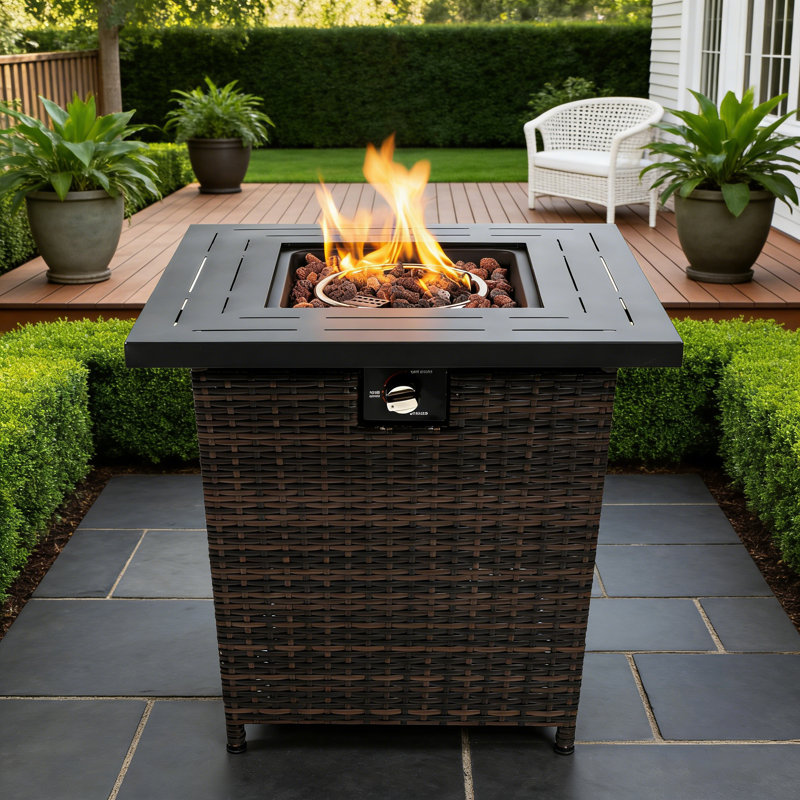 50,000 BTU Square Propane Fire Pit Table - 28" Outdoor Patio Heater With Steel Frame & Wicker Base