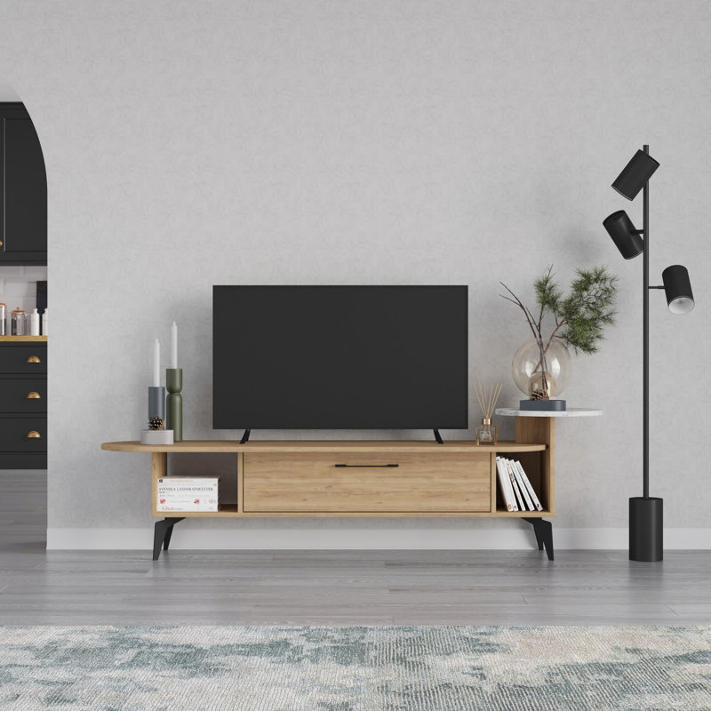 Meuble télé moderne avec de nombreuses tablettes, finition chêne et carrare, 74,0 x 16,8 x 15,7 pouces | 100% panneau de particules enduit de mélamine, épaisseur: 0,7 pouce | Solution de rangement élégante pour salon et centre de divertissement