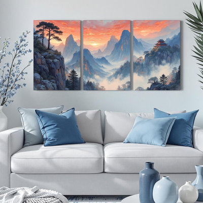 Mountain Landscape Sunset Canvas Wrapped Wall Art, Oil Painting Print (Set of 3)