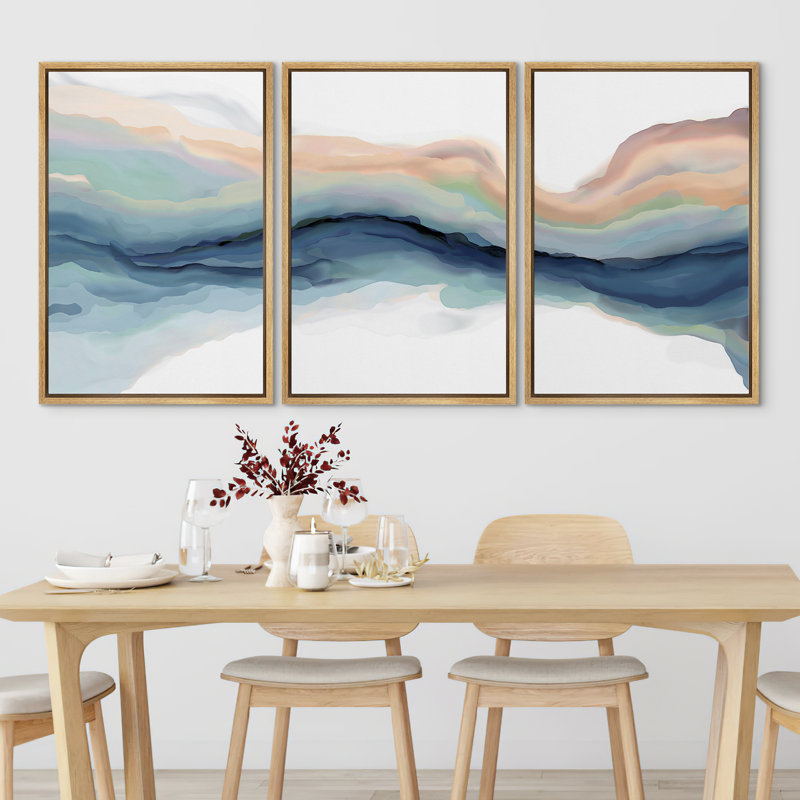 Pastel Watercolor Blue Paint Stroke Abstract Landscape- Framed Canvas Print Wall Art Work Home Decor, 36" H x 72" W, Natural