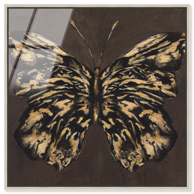 «Golden Butterfly» encadré art mural en verre acrylique ultra-brillant encadré par Art Remedy, cadre argenté, 20 x 20