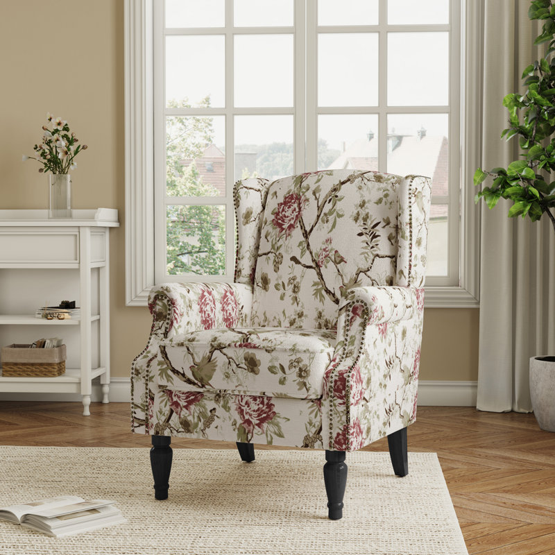 Upholstered Accent Chair, Floral Bird Beige Polyester/Walnut