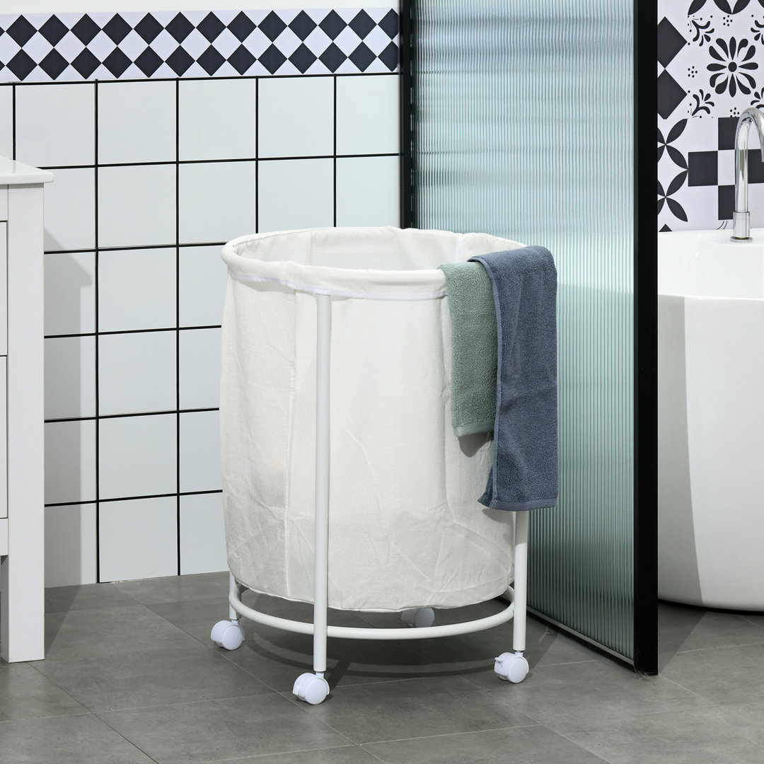 Wäschekorb 100L Wäschesammler mit Rollen, Stahlrahmen für Badezimmer, Creme