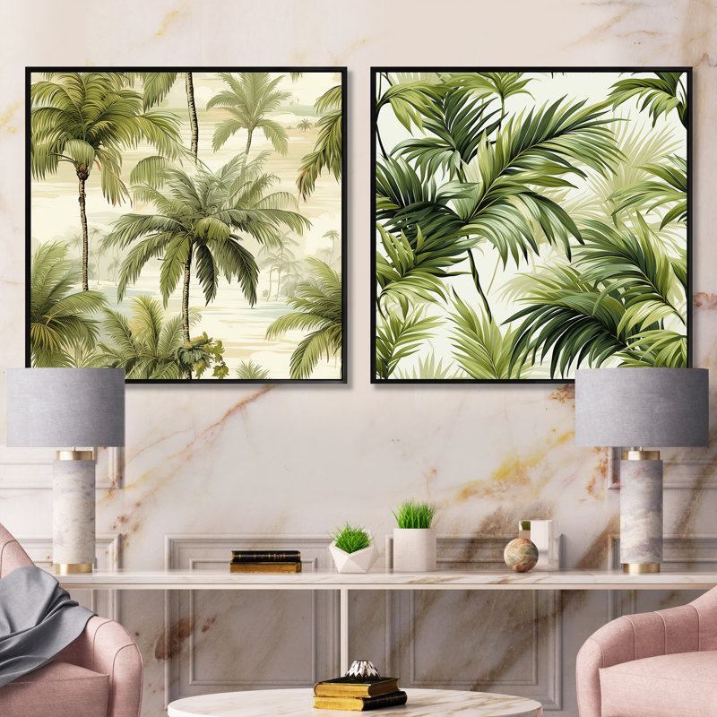 Ensemble de 2 palmiers rétro Vintage Tropical, Cadre flottant noir, H 36 po x l 73 po