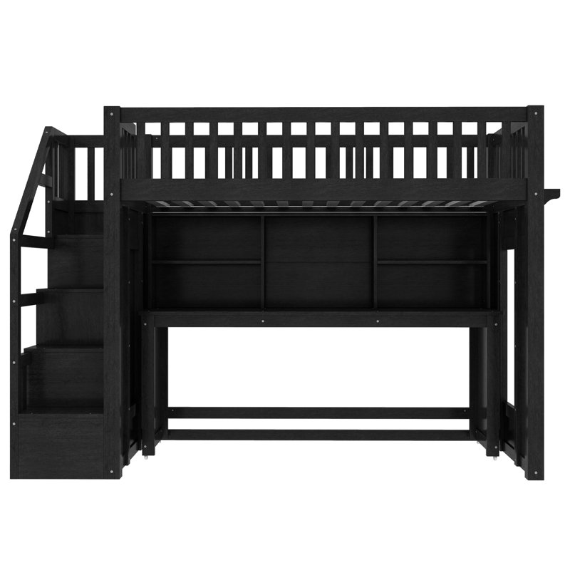 Lit mezzanine avec bureau mobile intégré, Noir anthracite, Simple