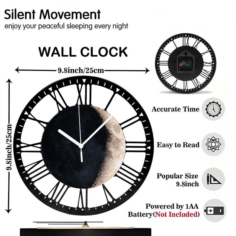 Horloge murale ronde en fer 10 po avec mouvement à quartz silencieux, chiffres romains, impression UV, Premier quart de lune