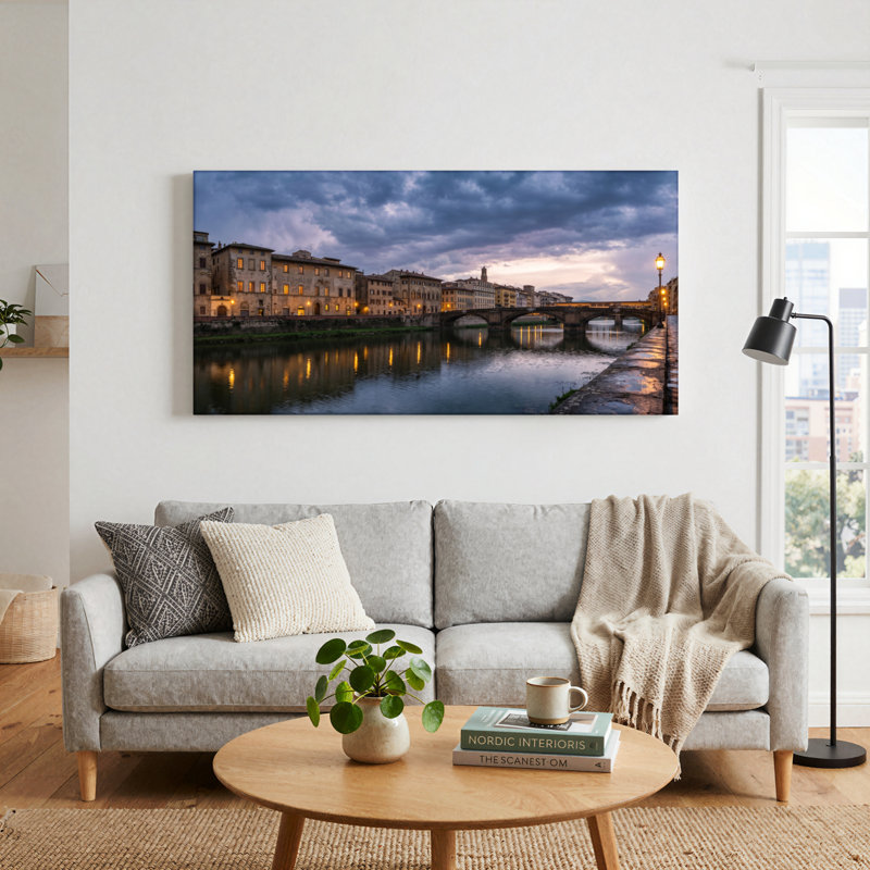 Ensemble de 1 tableau sur toile représentant une rivière et sa ville, 48“W x 24”H, Toile tendue