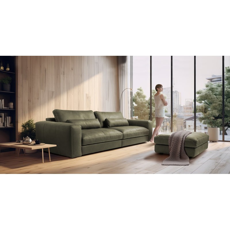 Parven 123cm Wide Genuine Leather Rectangle Solid Colour Standard Ottoman, Green