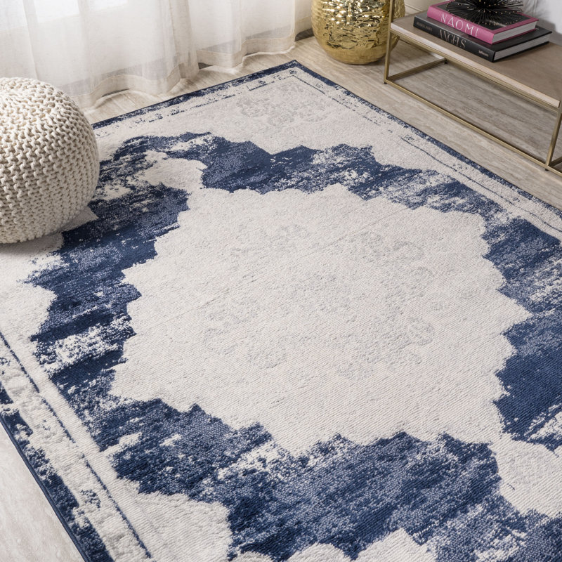 Amee Ornate Medallion Modern Ivory/Navy Rug, Rectangle 5'3" x 7'6"