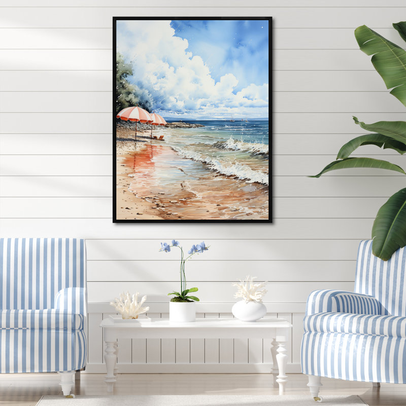 «Beach Beach Umbrella Splash I», reproduction sur toile, H 32 po x l 16 po x P 1 po, Cadre flottant noir