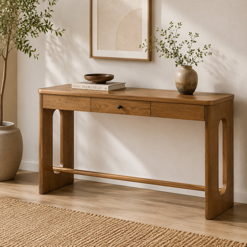 Console en bois avec placage de chêne, tiroir et pieds ovales - Table d'entrée de 60,4 pouces