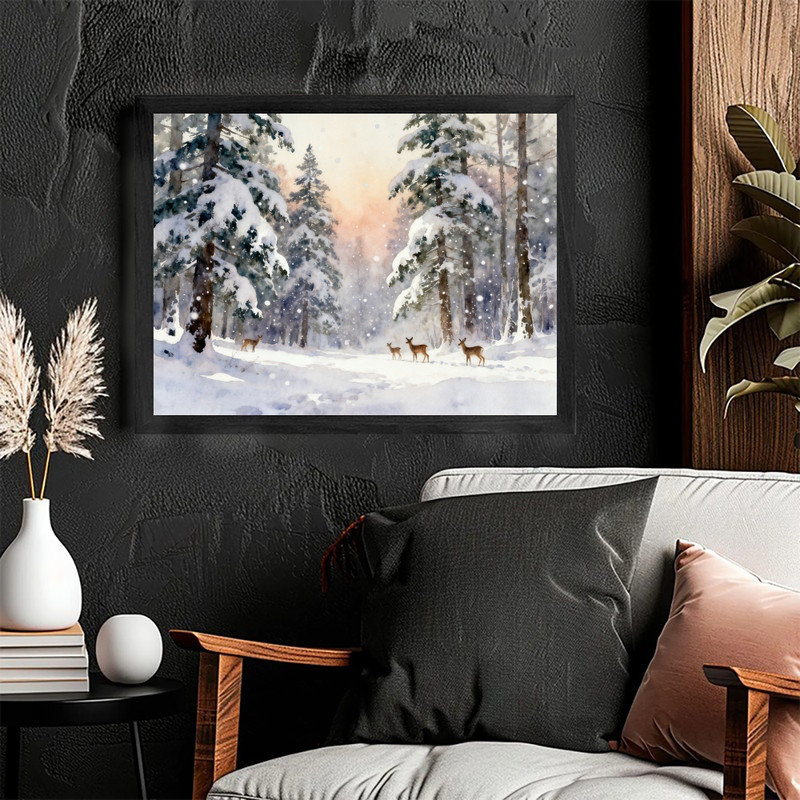 Reproduction d'art encadrée noire, pin de Noël, aquarelle, H 13 po x l 17 po