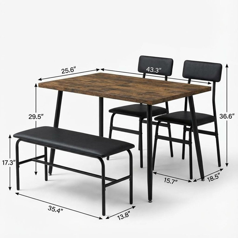 Ensemble de table de salle à manger pour 4 personnes avec table en bois, banc rembourré et 2 chaises, meubles de cuisine et de salle à manger peu encombrants