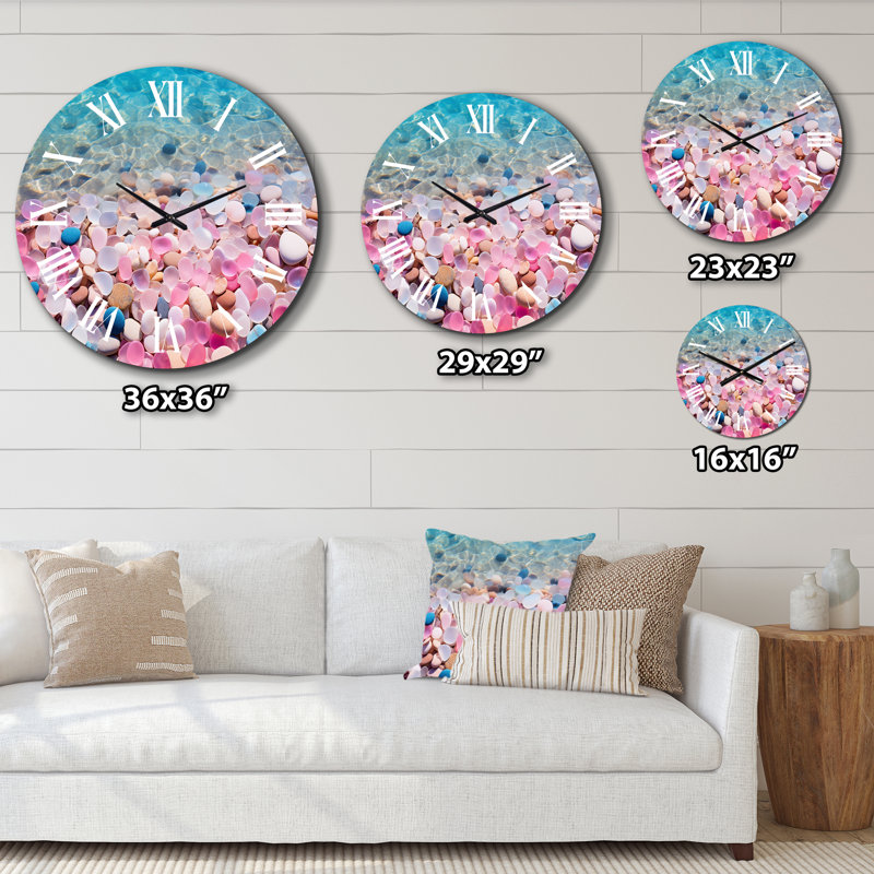 Pink Pebbels On Blue Azure Beach Metal Wall Clock, Large