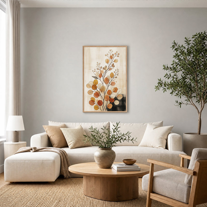 Tableau sur toile représentant des branches et des gousses botaniques aux tons naturels, H 24 po x l 18 po