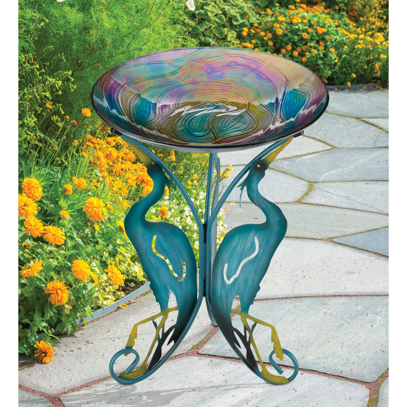 Blue Glass Birdbath with Heron Stand, 18-inch