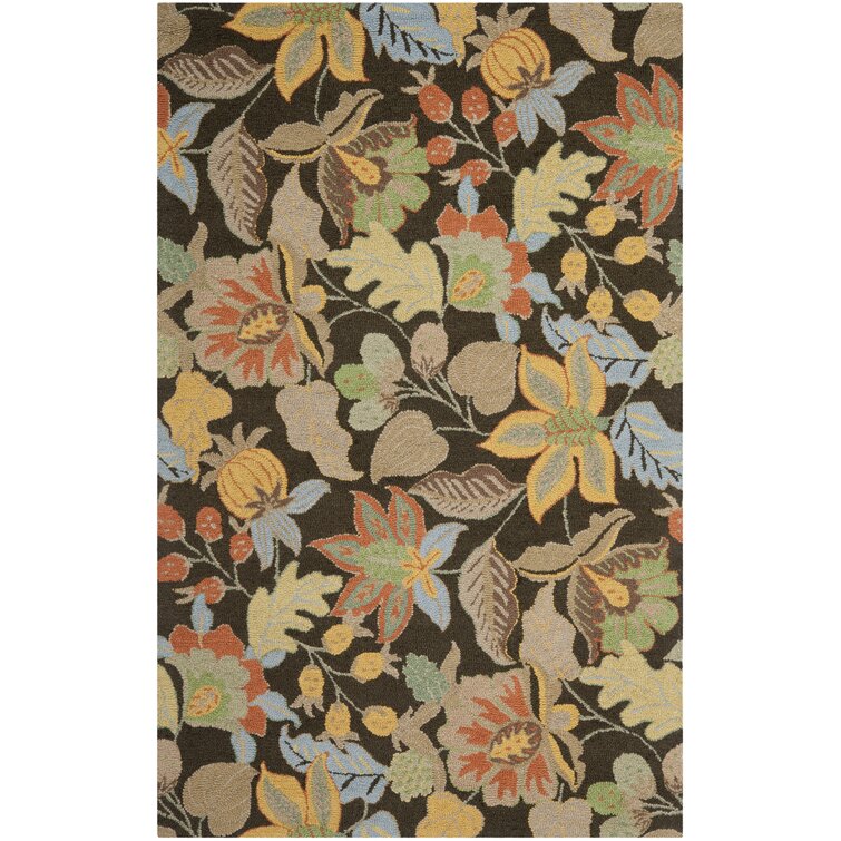 Emrick Floral Handmade Tufted Wool Dark Brown Area Rug