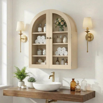 Arched Wooden Wall-Mounted Medicine Cabinet 61x24x71cm | Clear Acrylic Door & Adjustable Shelves for Bathroom Storage