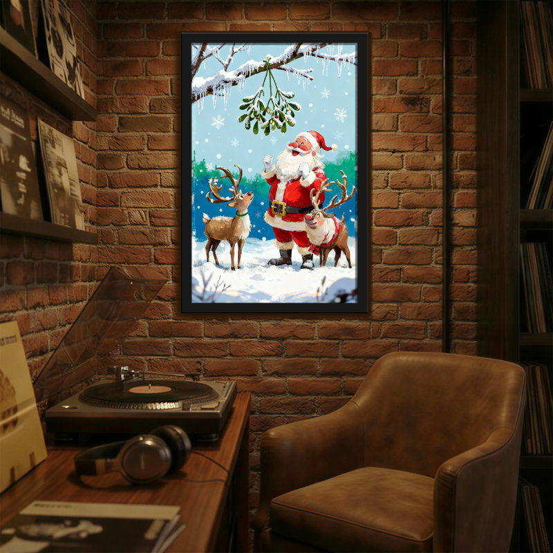 Noël père Noël avec renne sous le gui