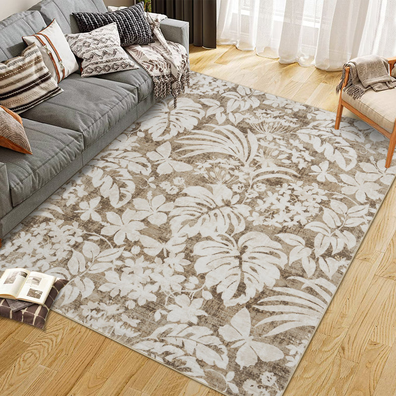 Soft Washable Leaf Print Area Rug – Mark-Resistant, Non-Slip, Collapsible, Soft Faux Woolen Mat – Living Room, Bedroom, Kitchen – Brown Tone, 9x12ft